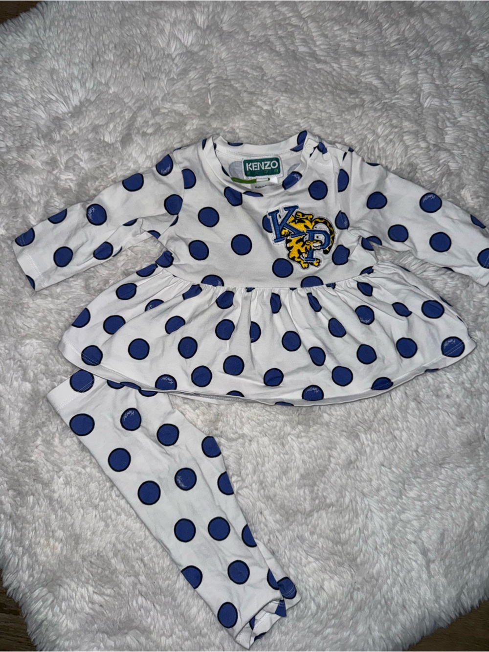 Kenzo Kids White One-Piece with Blue Polka Dots and Embroidered Logo